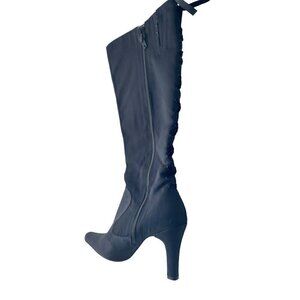 Kenneth  Cole women's boots Black size 8 Satin look  4' heel   velvet ribbon tri